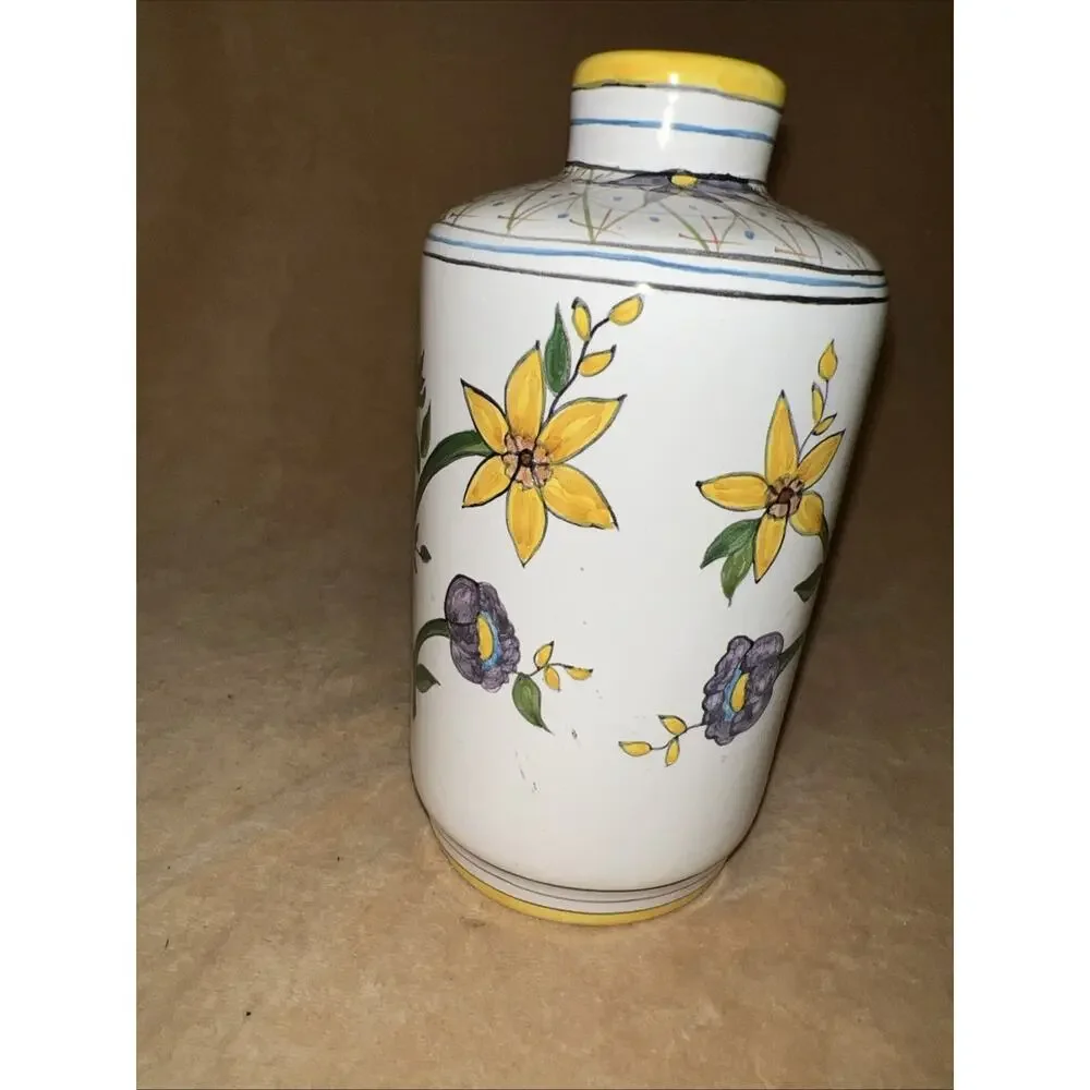Vintage 1987 HS‎ Ceramica Hand Painted Brazil Floral Bud Vase Yellow Purple 6.5